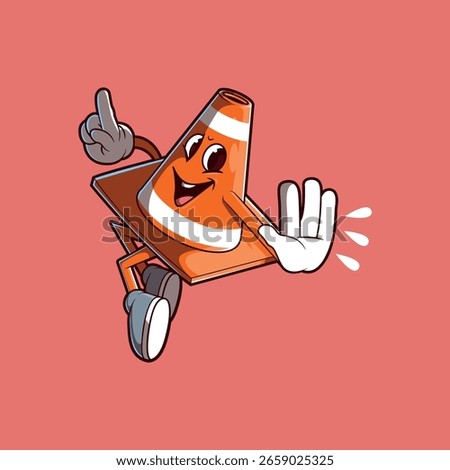 Smiling Traffic Cone Jumping and Gesturing to Stop vector illustration. Object, Sign design concept.