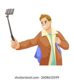 Smiling traveler taking a selfie with smartphone on selfie stick outdoors. Vector illustration