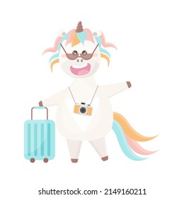 Sonriente viajando lindo unicornio. Ilustración de vector de unicornio en 
