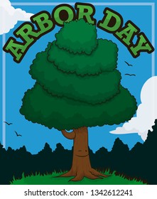 Smiling tree in a beautiful forest view, winking at you and inviting to celebrate Arbor Day.