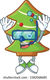 Smiling trees cookies cartoon character style wearing Diving glasses