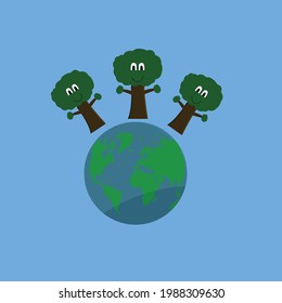 Smiling trees next to the world on celestial background