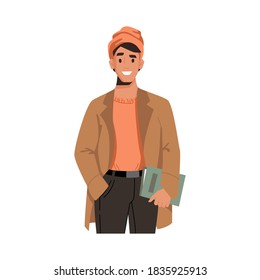 Smiling trendy guy in raincoat and hat with book isolated flat cartoon character. Vector autumn fall fashion look, fashionable man holding textbook in hands, college or university student portrait