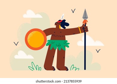 Smiling tribe person in traditional tropical clothes hip bandage. Concept of indigenous people and ancient life. Aborigine in ethnic clothing. Flat vector illustration. 