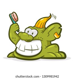 Smiling troll with a toothbrush. Vector cartoon monster character isolated on white background.