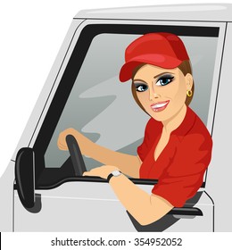 Smiling truck female driver in the car. Delivery cargo service