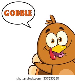 Smiling Turkey Bird Cartoon Character Looking From A Corner With Speech Bubble And Text. Vector Illustration Isolated On White