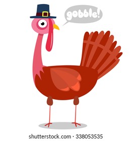 Smiling Turkey Bird Cartoon Character Looking With Speech Bubble And Text. Vector Illustration Isolated On White