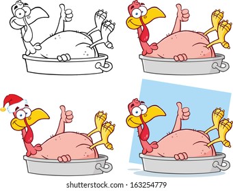 Smiling Turkey Bird In The Pan Giving A Thumb Up. Vector Collection Set