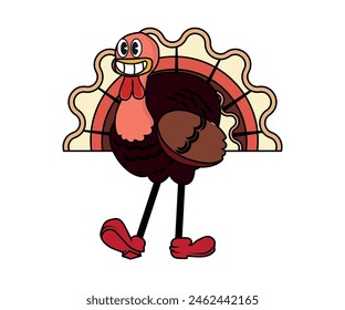 smiling turkey in groovy style, mascot in retro cartoon style. vector with white background.