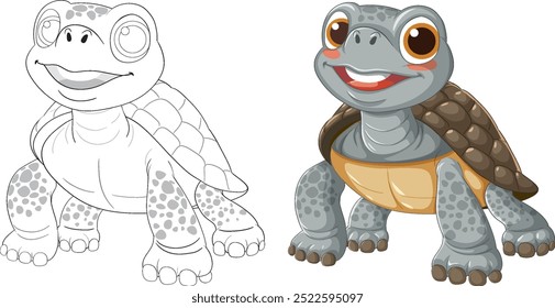 Smiling turtle with color and outline versions
