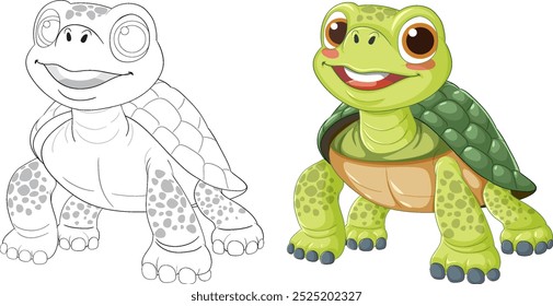 Smiling turtle in color and outline versions