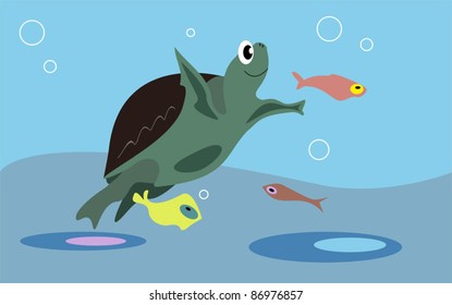Smiling turtle and colorful fishes in the ocean
