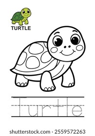 Smiling Turtle Coloring Activity for Kids – A cheerful black-and-white turtle illustration, perfect for fun and creative children's coloring activities.
