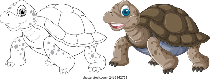 Smiling turtle with coloring outline