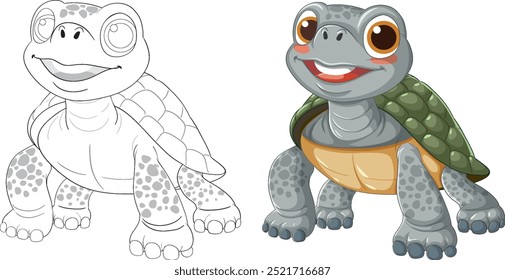 Smiling turtle with coloring outline