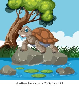 A smiling turtle on rocks near water