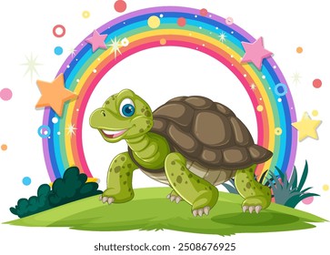 Smiling turtle with rainbow and stars background