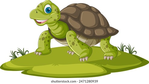Smiling turtle standing on grassy patch