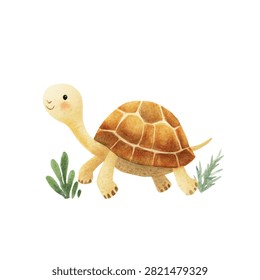 A smiling turtle walking alone slowly