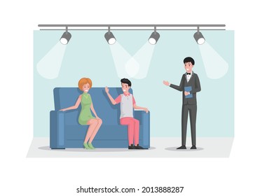 Smiling TV host in suit interviewing celebrity persons in studio vector flat illustration. Famous man and woman sitting on sofa front of standing man. TV broadcasting, journalist talks to celebrities.