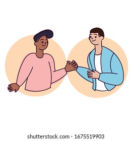 Sonriente dos alegres jóvenes saludando , tocando las manos, aplaudiendo y diciendo Adiós con colega. Dos amigos se reúnen dando cinco. Concepto de personas y amistad interracial. De diseño