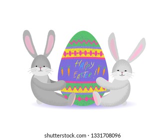 Smiling two rabbits hold an Easter colored Egg. Vector flat isolated illustration with texture. Cartoon stylized cute rabbit characters for the feast of Easter. For postcard, banner, poster, etc
