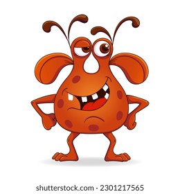 A smiling two-eyed orange monster. A funny cartoon alien. Funny bubbly microbe. 