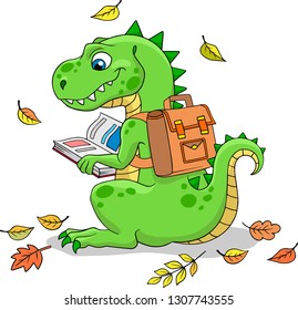 Smiling Tyrannosaurus Rex reading a book with falling leaves around