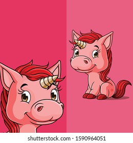 The smiling unicorn cartoon character, with different display angle position, Hand drawn