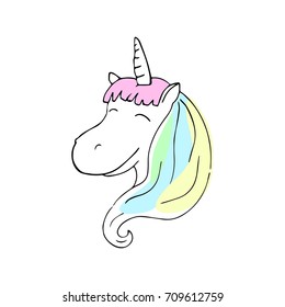 Smiling unicorn with colorful mane vector illustration. Cheerful unicorn girl with rainbow mane. Fantastic animal nursery print. Magic horse head sticker. Unicorn drawing in black line and candy color