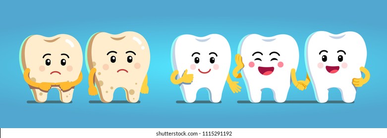 Smiling and upset animated cartoon teeth characters. Healthy white teeth and tooth with dental plaque socializing. Dentistry and dental whitening care clipart. Flat style isolated vector illustration