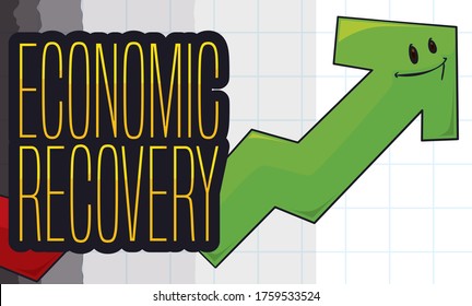 Smiling upward arrow, over squared paper rising and move away of dark times of recession symbolizing the Economic Recovery.