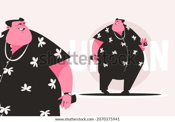 Smiling urban fat\
boy vector illustration. Thick man wearing shirt with flowers flat\
style. Person with car keys. Coolness and fashion concept. Isolated\
on pink background