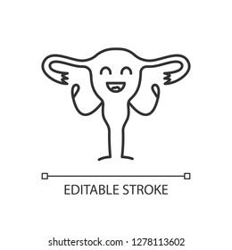 Smiling uterus character linear icon. Thin line illustration. Women's health. Fertility. Healthy female reproductive system. Contour symbol. Vector isolated outline drawing. Editable stroke