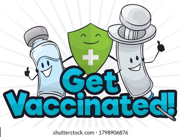 Smiling vaccine vial, green shield with cross and friendly syringe, promoting to get vaccinated and prevent sickness.