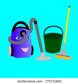 Smiling vacuum cleaner, bucket and mop isolated on blue background.