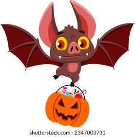 Smiling Vampire Bat Cartoon Character Flying With A Pumpkin Basket Of Treats. Vector Illustration Flat Design Isolated On Transparent Background