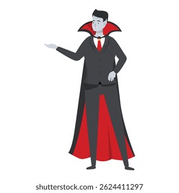 Homem de negócios vampiro sorridente de terno e capa com a mão