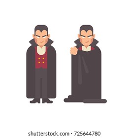 Smiling vampire in a cape. Halloween character flat illustration