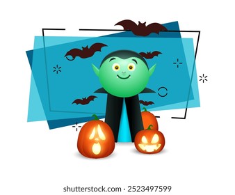 Vampiro sonriente en Ilustración vectorial de capa. Linternas de calabaza y murciélagos voladores sobre fondo. Halloween, horror, concepto de fiesta. Puede ser utilizado para el diseño del cartel o del Anuncio