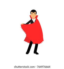 Smiling vampire character in red cape, Count Dracula wearing black suit vector Illustration
