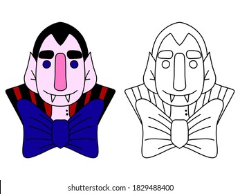Smiling vampire coloring page for kids stock vector illustration. Funny educational printable horizontal game with colorful and coloring picture. Cartoon vampire with big nose, collar coat and bow tie