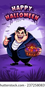 Smiling vampire Dracula holding a basket of sweets. Halloween greeting card. Night background with moon and bats