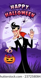 Smiling vampire Dracula holding a basket of sweets. Halloween greeting card. Night background with moon and bats