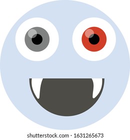 Smiling vampire emoji. Pale vampire face emoticon with a wide smile, two sharp fangs pointing downwards, and two colored eyes - red eye and black eye. Expression of being a happy weird creature.