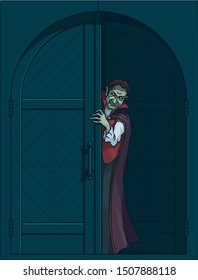 smiling vampire in old doors