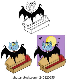 Smiling Vampire Out Of The Coffin And Bats Near A Full Moon. Vector Collection Set