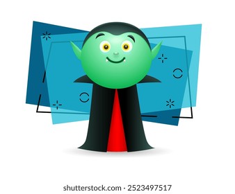 Smiling vampire wearing cape vector illustration. Positive monster with green face and sharp teeth. Halloween, horror, fantasy, party concept. Can be used for poster or banner