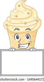 Smiling vanilla ice cream cartoon design style has a board